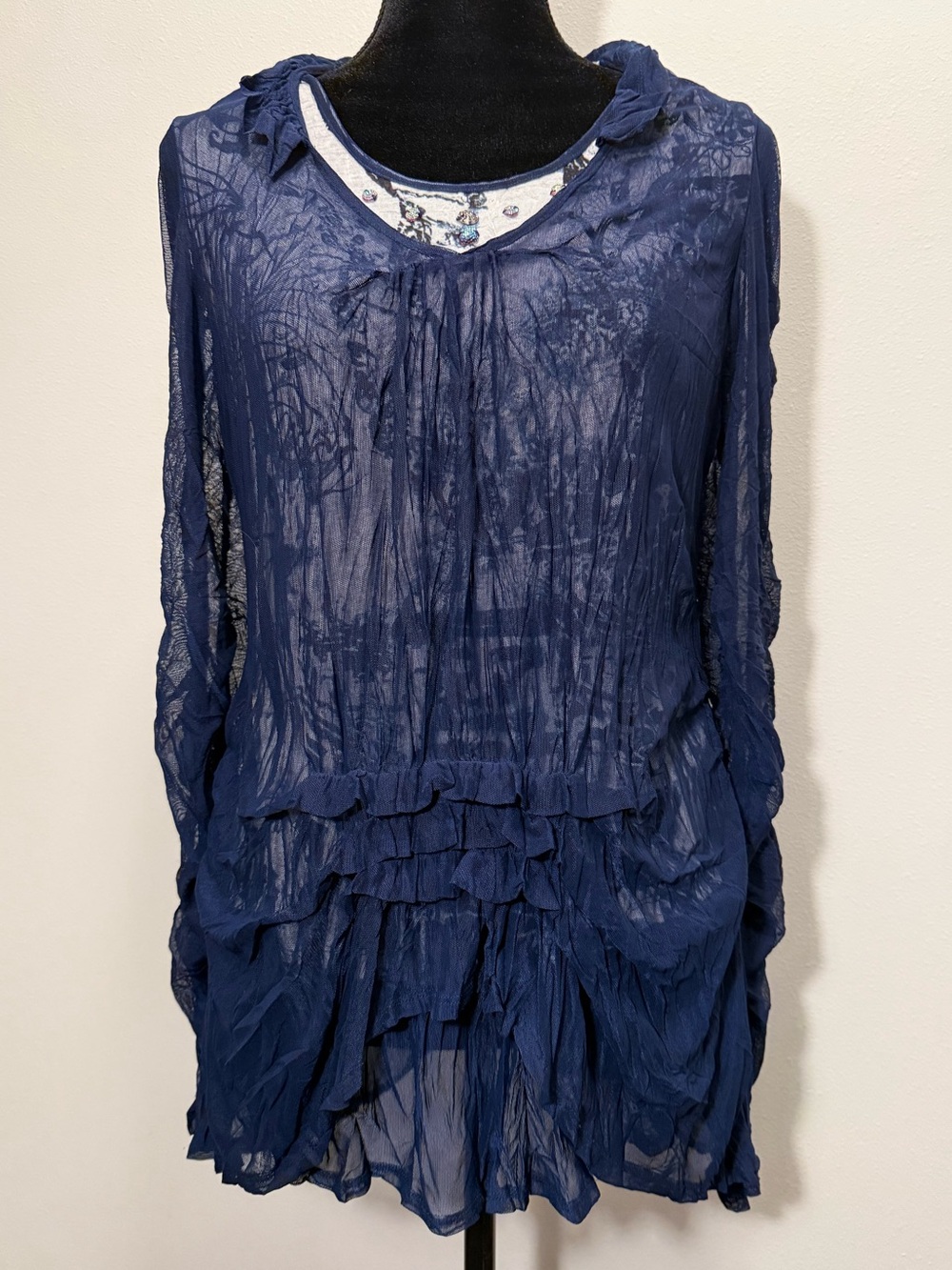 Adam Jacobs Blue Tunic with mesh overlay and sheer sleeves